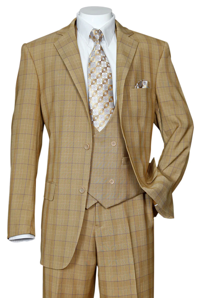 Mens Modern Fit Plaid Windowpane Suit with Double Breasted Scoop Vest in Tan