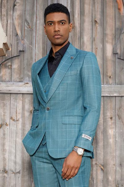 Men's Stacy Adams One Button Peak Lapel Suit with Double Breasted Vest in Teal Windowpane