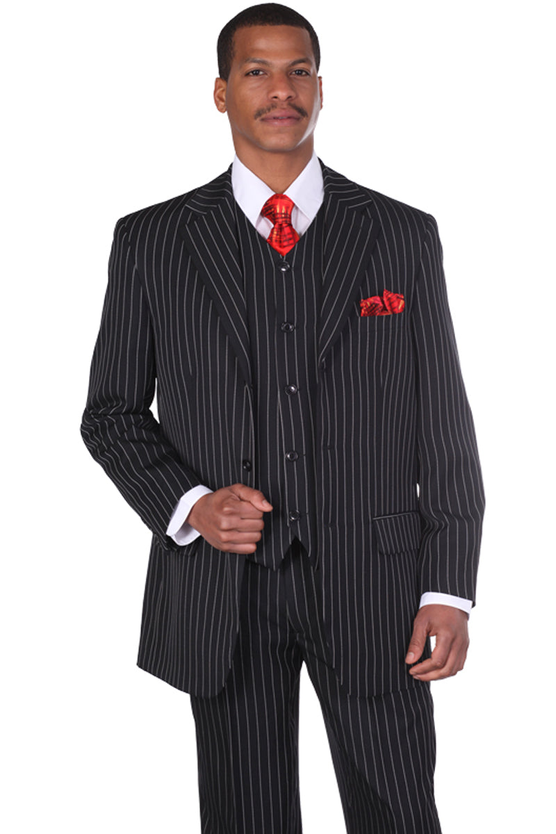 Mens 3 Button Vested Vintage Bold Gangster Pinstripe Suit In Black ...