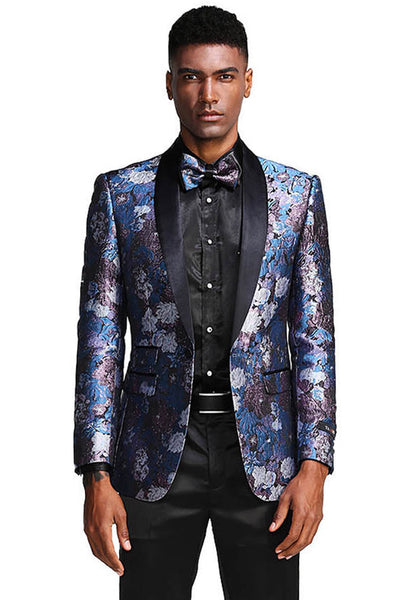 Men's Slim Fit Shawl Lapel Paisley Floral Prom Tuxedo in Blue Roses & Silver