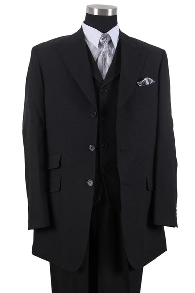 Mens 3 Button Vested Wide Peak Lapel Fashion Suit in Black