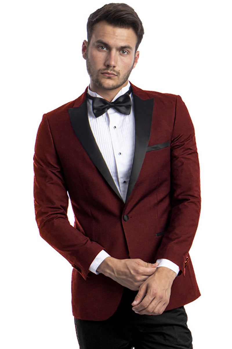 Men's Slim Fit One Button Peak Lapel Wedding Tuxedo in Burgundy