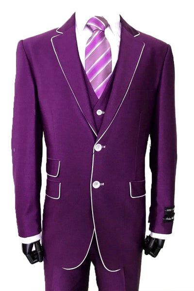Mens Vested Slim Fit Shiny Sharkskin Tuxedo Suit in Purple with White Piping