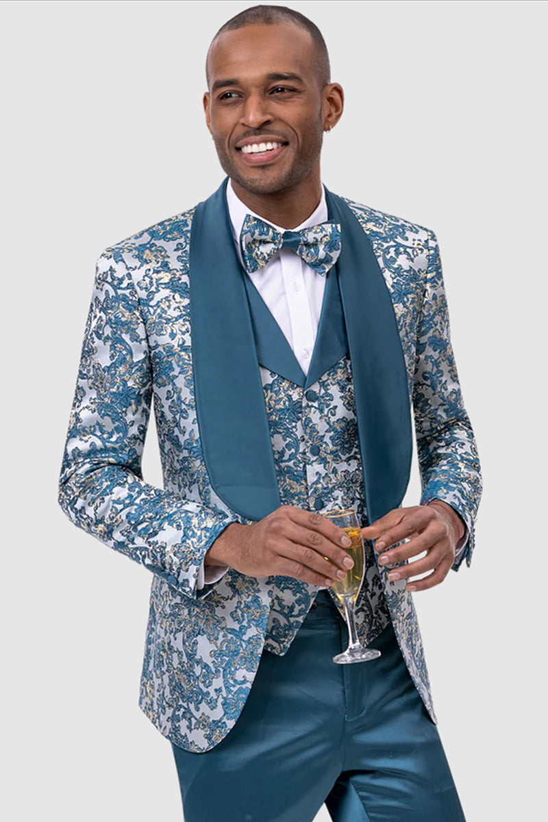 Mens Vintage Style Slim Fit Vested Paisley Brocade Prom Tuxedo in Teal Blue