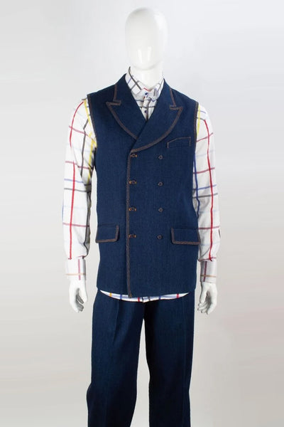 Mens Peak Lapel Double Breasted Denim Vest and Pant Set in Blue