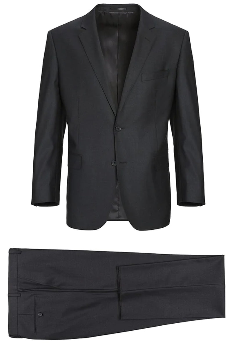 Mens Basic Two Button Slim Fit Wool Suit with Optional Vest in Charcoal Grey