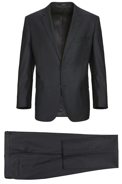 Mens Basic Two Button Classic Fit Wool Suit with Optional Vest in Charcoal Grey