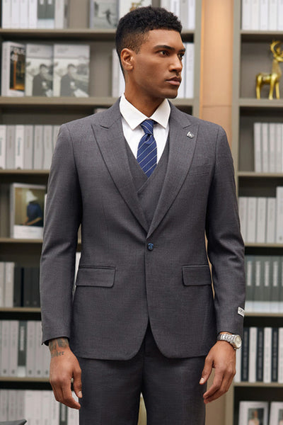 Men's Stacy Adams Vested One Button Peak Lapel Designer Suit in Charcoal Grey