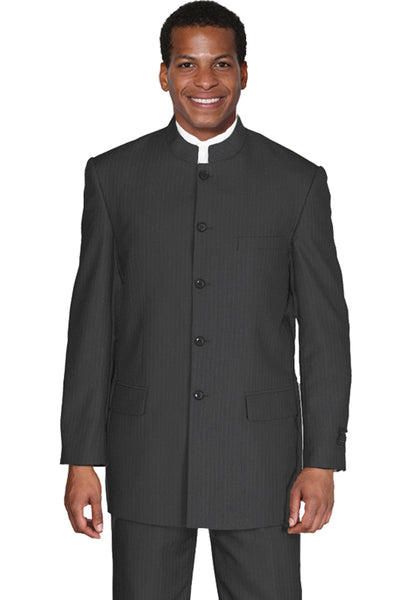 Mens 5 Button Mandarin Pinstripe Suit in Black