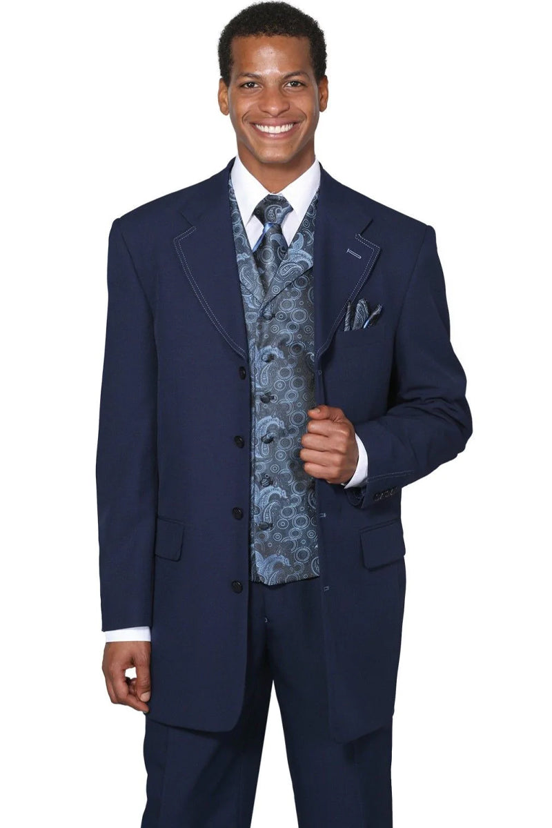 Mens 4 Button Long Vested Fashion Suit in Navy with Paisley Vest