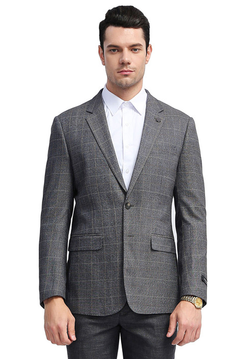 Men's Slim Fit Two Button Windowpane Plaid Sport Coat in Charcoal Grey ...