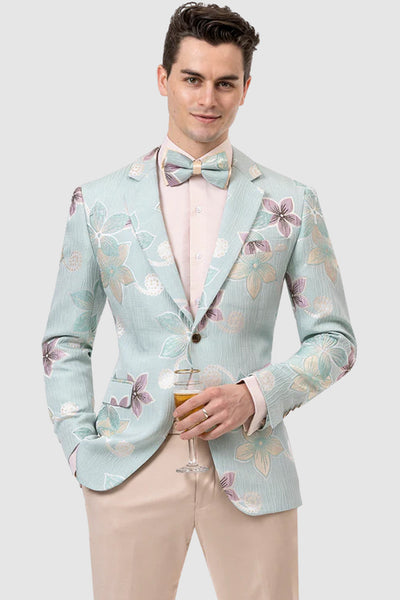 Mens One Button fashion Flower Print Blazer in Aqua Teal Blue