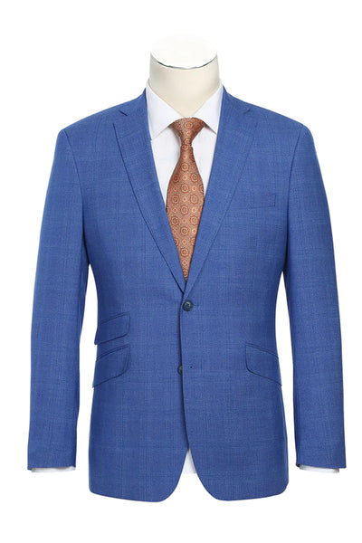 Mens English Laundry Two Button Slim Fit Notch Lapel Suit in Royal Blue Windowpane Plaid Check