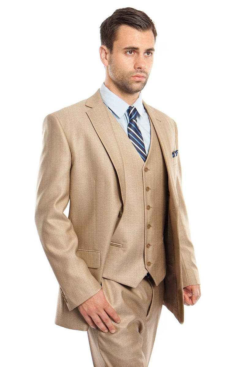 Men's Two Button Vested Textured Sharkskin Business Suit in Stone Tan