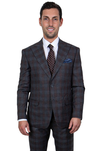 Men's Stavy Adams Two Button Vested Peak Lapel Plaid Suit in Charcoal Grey Windowpane