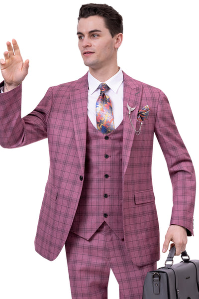 Mens One Button Vested Peak Lapel Fashion Suit in Mauve Pink Windowpane Plaid
