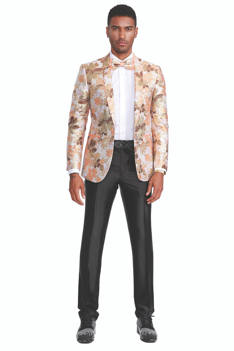 Men's Slim Fit Paisley Prom Tuxedo Jacket in Peach & Orange