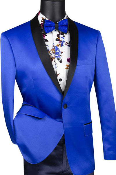 Mens Slim Fit One Button Shiny Satin Tuxedo Jacket in Royal Blue