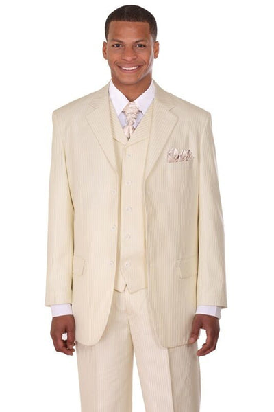 Mens 3 Button Vested Shiny Sharkskin Narrow Pinstripe Suit in Ivory Cream
