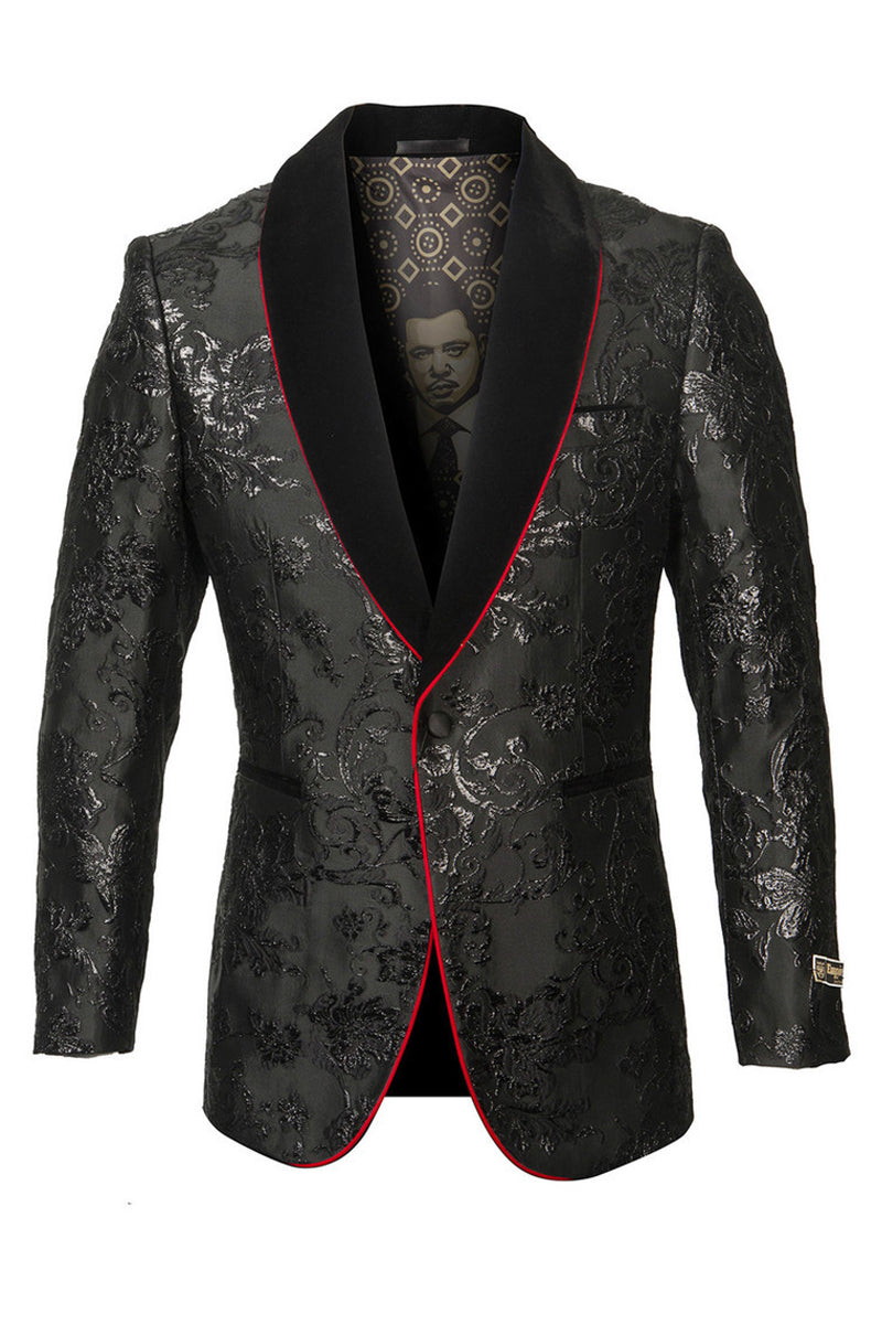 Men's Velvet Shawl Lapel Paisley Prom Tuxedo Jacket in Black with Red Trim