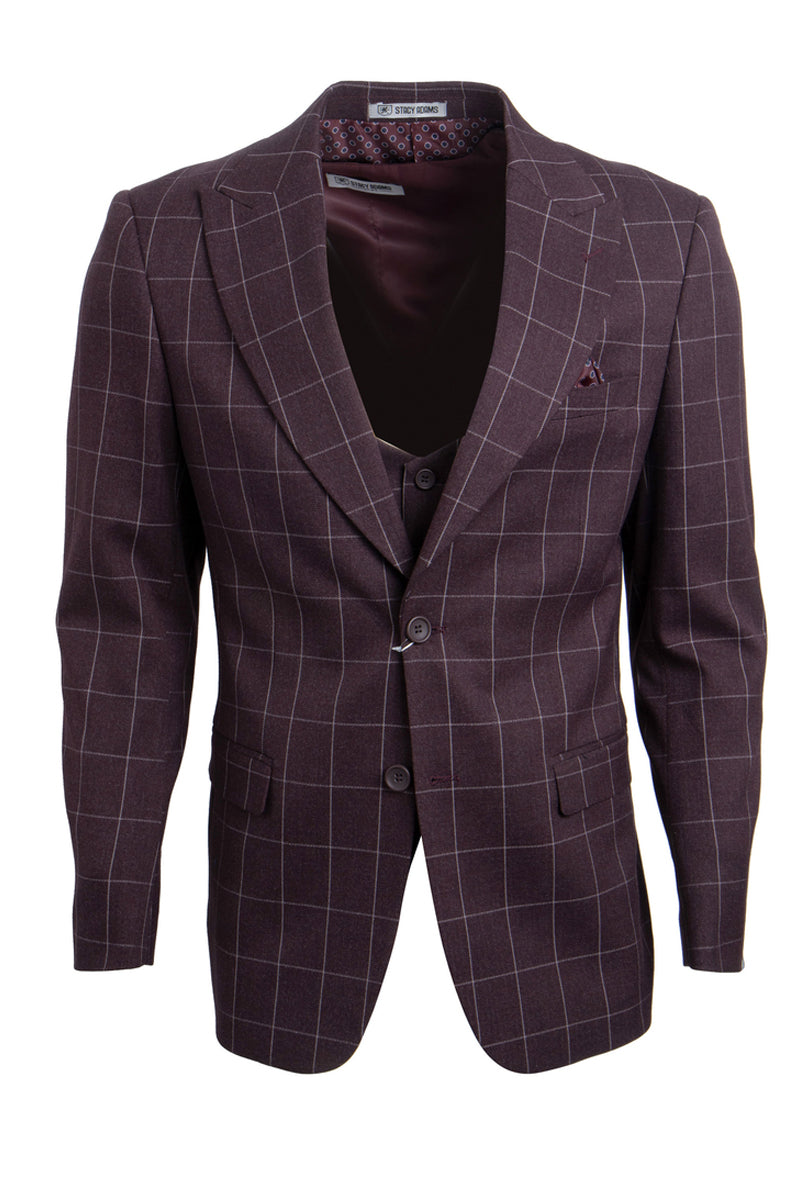 Men's Stacy Adams Two Button Vested Peak Lapel Suit in Burgundy Windowpane Plaid