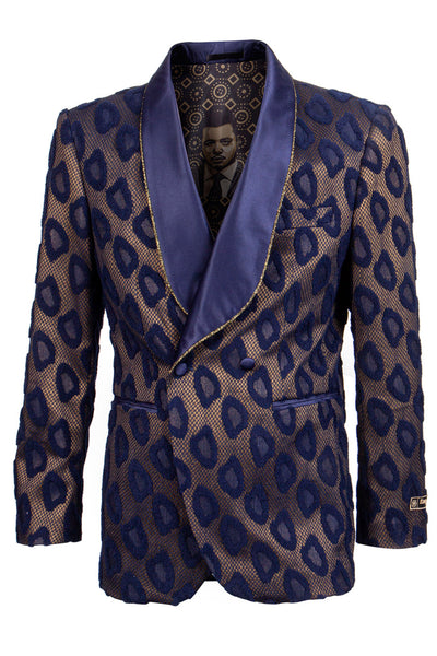 Men's Double Breasted Cheetah Print Tuxedo Dinner Smoking Jacket in Navy & Gold