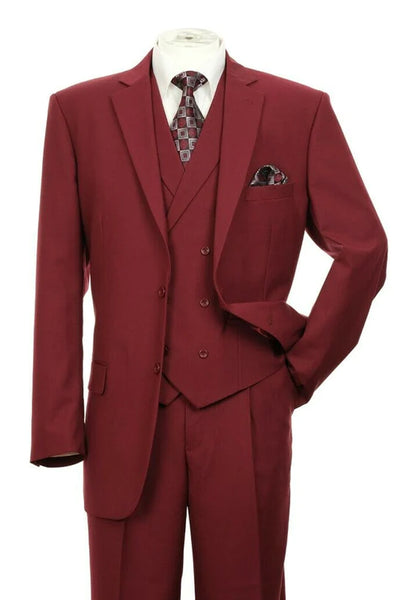 Mens 2 Button Pleated Pant Classic Fit Suit with Double Breasted Vest in Burgundy