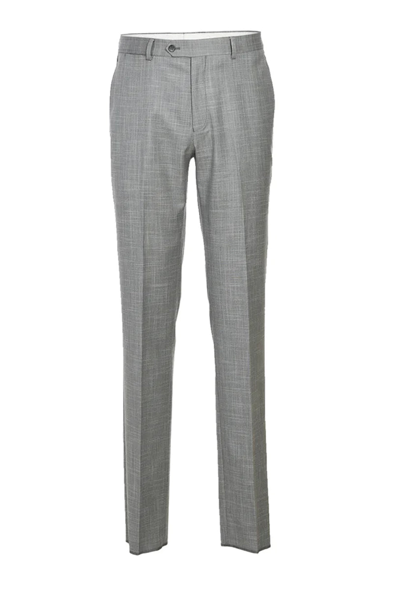 Mens Designer Two Button Slim Fit Notch Lapel Suit in Light Grey Herringbone