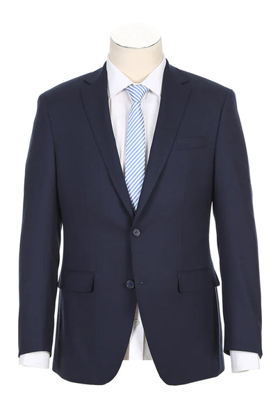 Mens Designer Two Button Classic Fit Half Canvas Wool Suit in Navy Blue