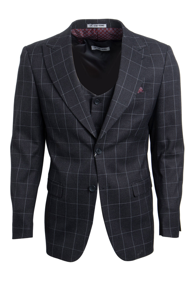 Men's Stacy Adams Two Button Vested Peak Lapel Suit in Charcoal Grey Windowpane Plaid