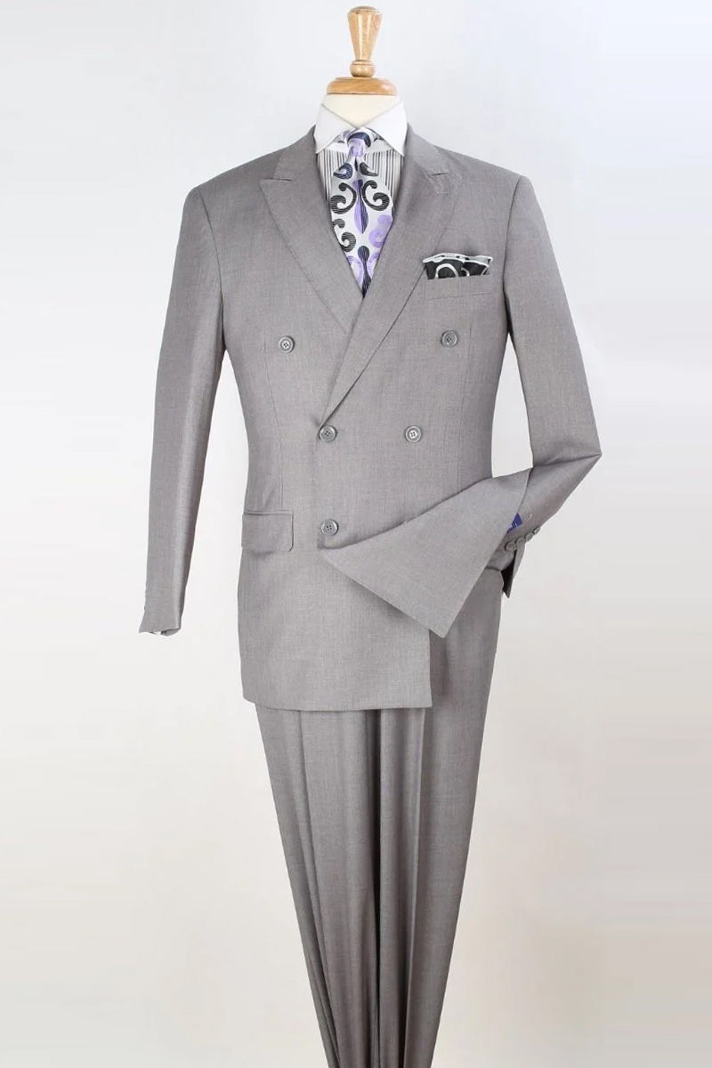 Mens Classic Double Breasted Luxury Wool Feel Suit in Light Grey