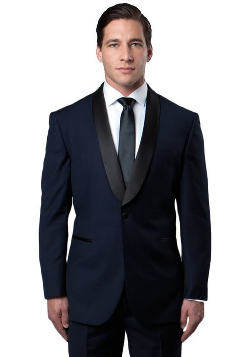 Mens One Button Satin Trim Shawl Tuxedo in Navy Wool main image 1