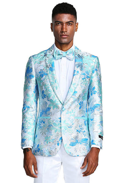 Men's Slim Fit Paisley Prom Tuxedo Jacket in Sky Blue & Silver