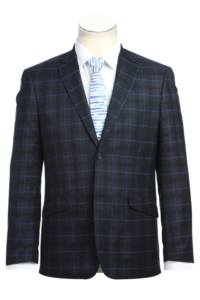 Mens Slim Fit Two Button Suit in Dark Blue Wide Windowpane Plaid