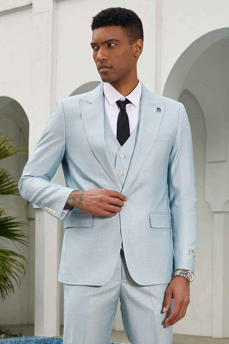 Men's Stacy Adam's Vested Summer Peak Lapel Suit in Grey Blue