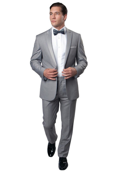 Men's Slim Fit One Button Satin Trim Peak Lapel Prom & Wedding Tuxedo in Light Grey