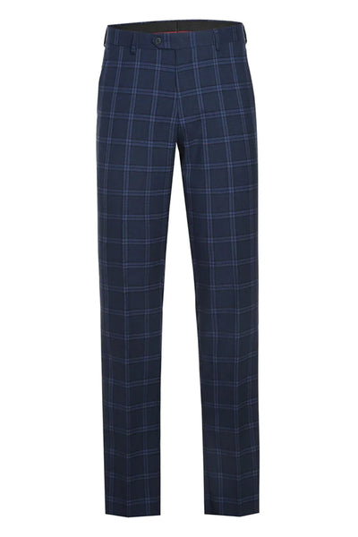 Mens Slim Fit Two Button Stretch Suit in Dark Navy Wide Windowpane Plaid