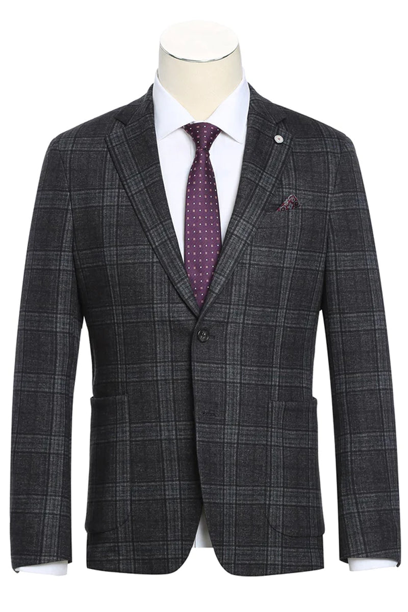 Mens Slim Fit Half Canvas Patch Pocket Summer Cotton Blazer In Grey Black Windowpane Plaid