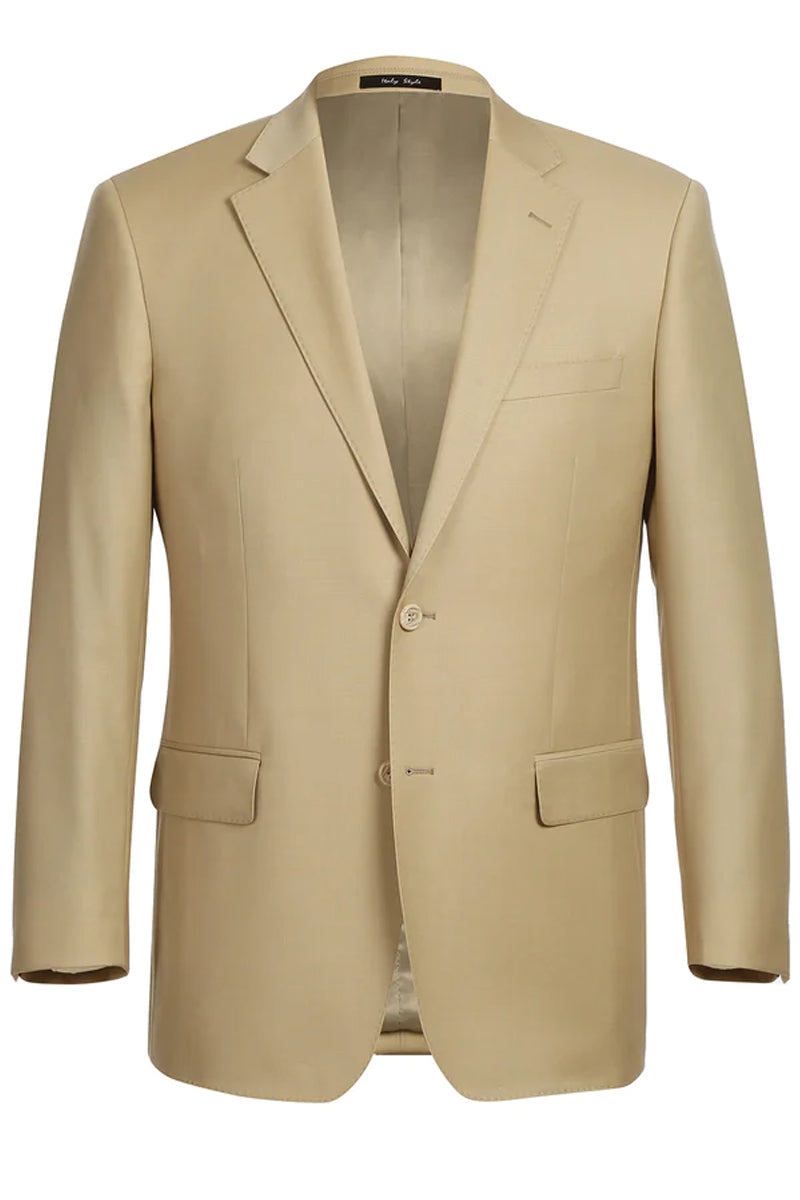 Mens Basic Two Button Classic Fit Wool Suit with Optional Vest in Tan