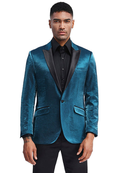 Men's Slim Fit Shiny Satin Prom & Wedding Tuxedo Jacket in Turquoise