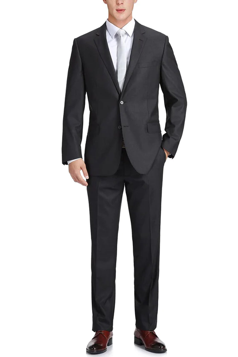 Mens Basic Two Button Classic Fit Wool Suit with Optional Vest in Charcoal Grey