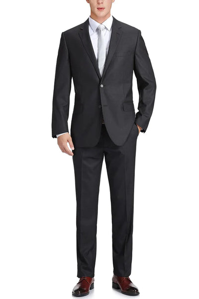 Mens Basic Two Button Slim Fit Wool Suit with Optional Vest in Charcoal Grey