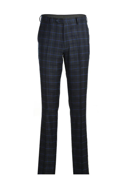 Mens Slim Fit Two Button Suit in Dark Blue Wide Windowpane Plaid