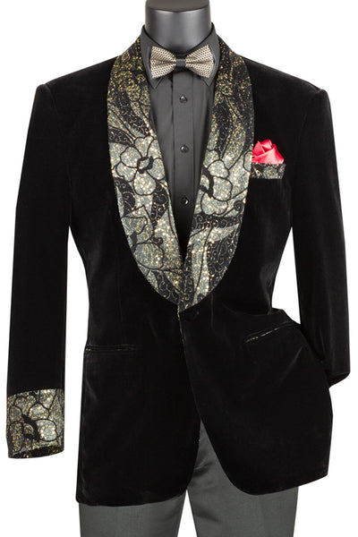 Mens Velvet Prom Smoking Jacket with Fancy Paisley Glitter Lapel and Cuff in Black