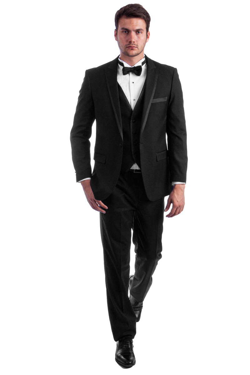 Men's One Button Peak Wedding Tuxedo with Satin Trim in Black