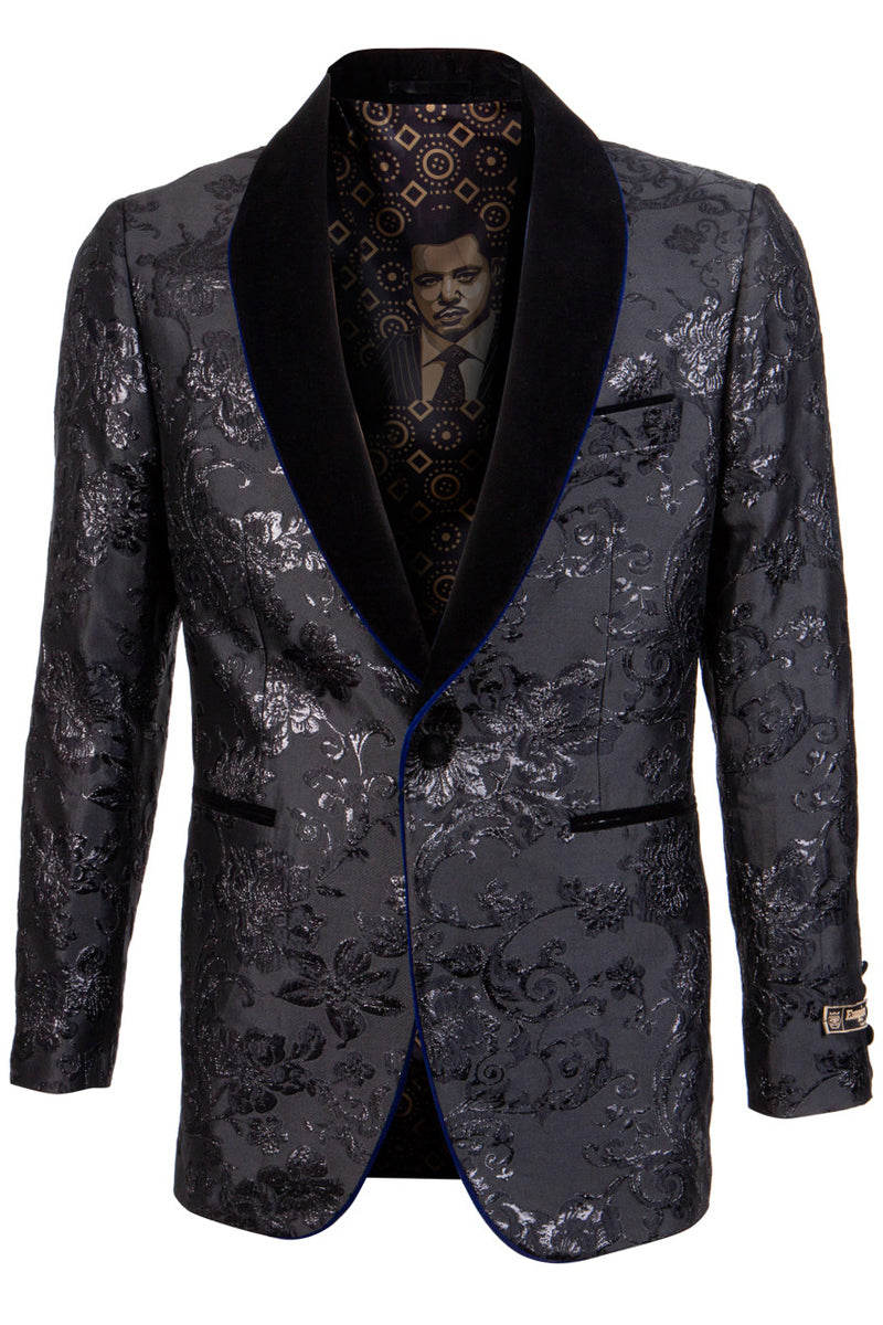 Men's Velvet Shawl Lapel Paisley Prom Tuxedo Jacket in Navy with Blue Trim