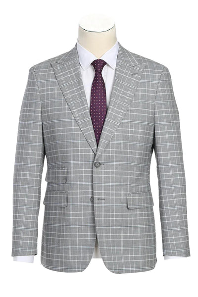 Mens English Laundry Two Button Slim Fit Peak Lapel Suit in Light Grey Smoke Windowpane Plaid