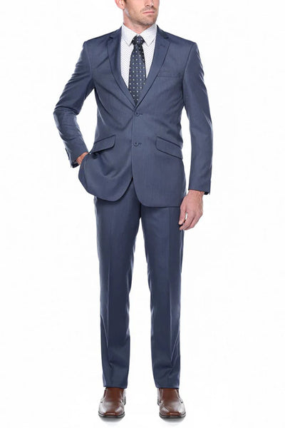 Mens Basic Two Button Slim Fit Suit in Midnight Blue Birdseye