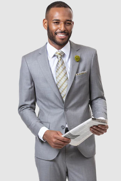 Mens Two Button Modern Fit Sharkskin Weave Suit in Light Grey