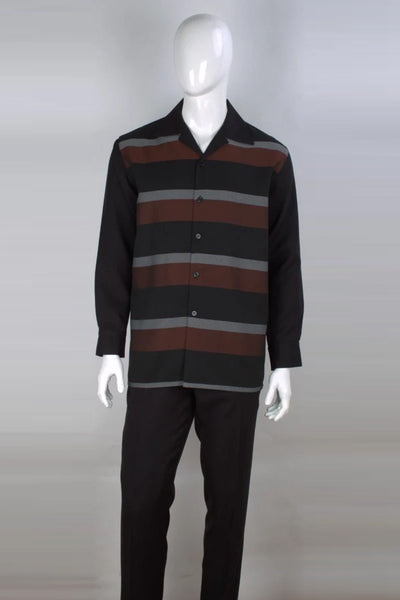 Mens Long Sleeve Casual Leisure Walking Suit in Black & Brown Horizontal Stripe